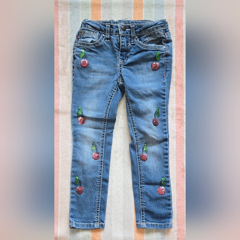 Girls Size 4 Cherry Sequin Blue Skinny Jeans